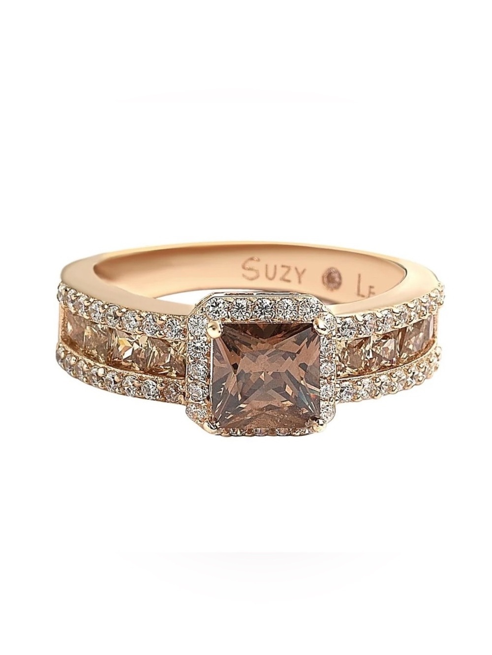 Suzy Levian Rose Sterling Silver Cubic Zirconia Ascher Cut Stone Size 5 Ring